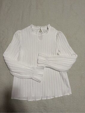 SHEIN White Pleated Ruffle-Trim Long Sleeve Blouse